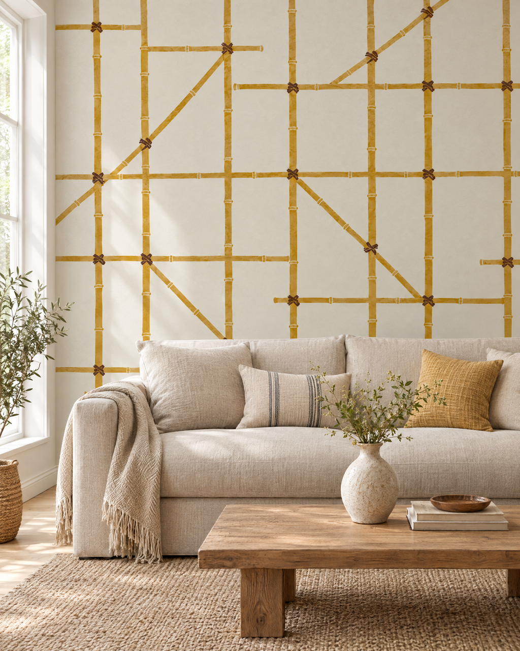 Scaffold, Bamboo wallpaper hung in a room